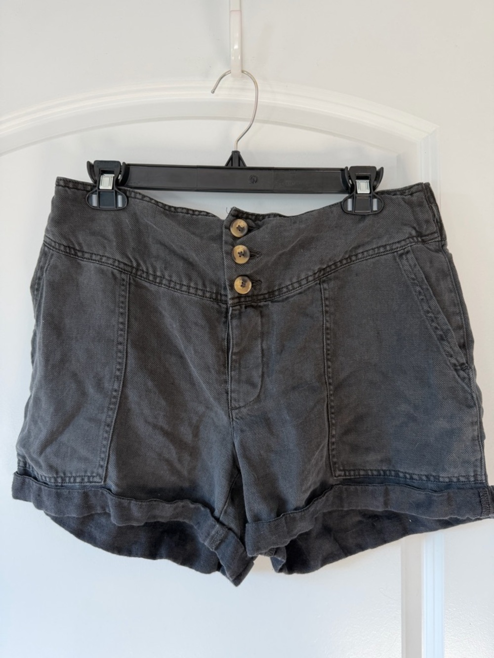 aerie Cozy High-Waist Black Button-Front Rolled-Hem Linen Blend Shorts